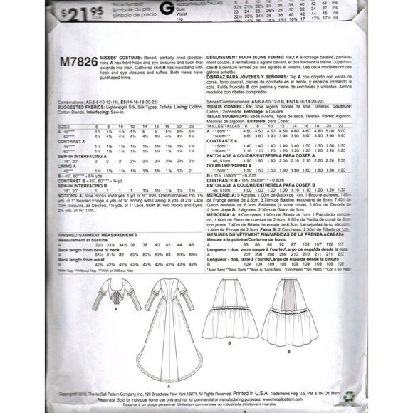 McCalls M7826 Misses 14 to 22 Historical Costume Victorian Dress Pattern New - Picture 2 of 2
